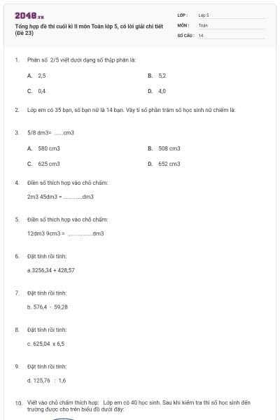 Tổng hợp đề thi cuối kì II môn Toán lớp 5, có lời giải chi tiết (Đề 23)