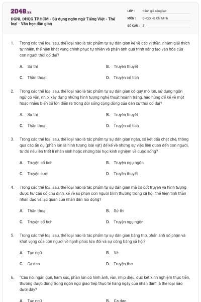 ĐGNL ĐHQG TP.HCM - Sử dụng ngôn ngữ Tiếng Việt - Thể loại - Văn học dân gian