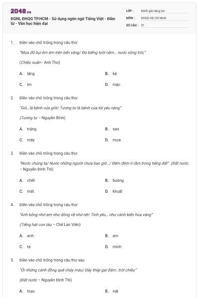 ĐGNL ĐHQG TP.HCM - Sử dụng ngôn ngữ Tiếng Việt - Điền từ - Văn học hiện đại