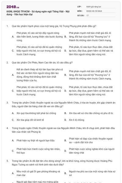 ĐGNL ĐHQG TP.HCM - Sử dụng ngôn ngữ Tiếng Việt - Nội dung - Văn học hiện đại