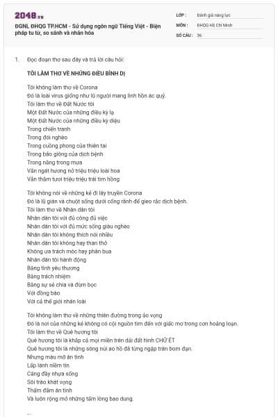 ĐGNL ĐHQG TP.HCM - Sử dụng ngôn ngữ Tiếng Việt - Biện pháp tu từ, so sánh và nhân hóa