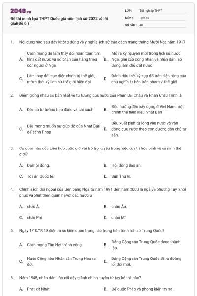 Đề thi minh họa THPT Quốc gia môn lịch sử 2022 có lời giải(Đề 6 )