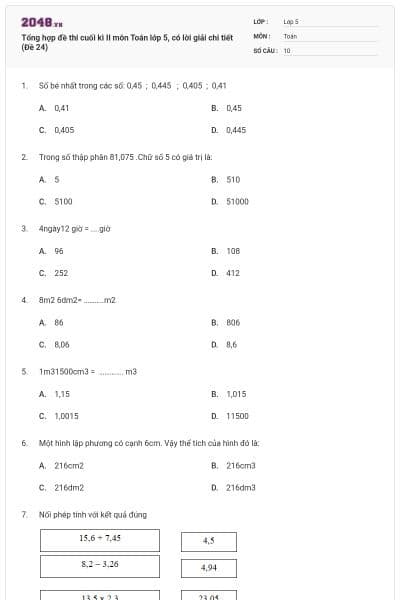 Tổng hợp đề thi cuối kì II môn Toán lớp 5, có lời giải chi tiết (Đề 24)