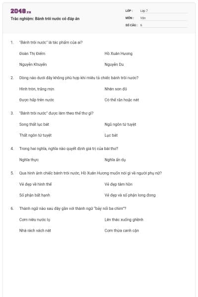 Trắc nghiệm: Bánh trôi nước có đáp án