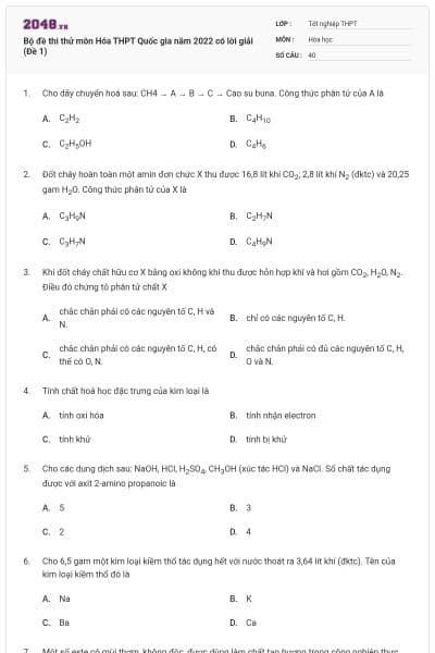 Bộ đề thi thử môn Hóa THPT Quốc gia năm 2022 có lời giải (Đề 1)