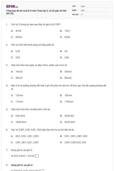 Tổng hợp đề thi cuối kì II môn Toán lớp 5, có lời giải chi tiết (Đề 26)