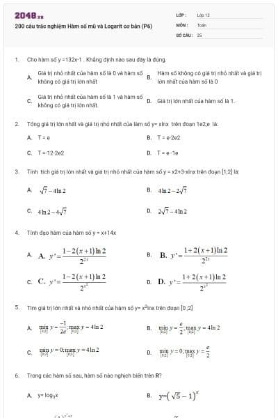 200 câu trắc nghiệm Hàm số mũ và Logarit cơ bản (P6)