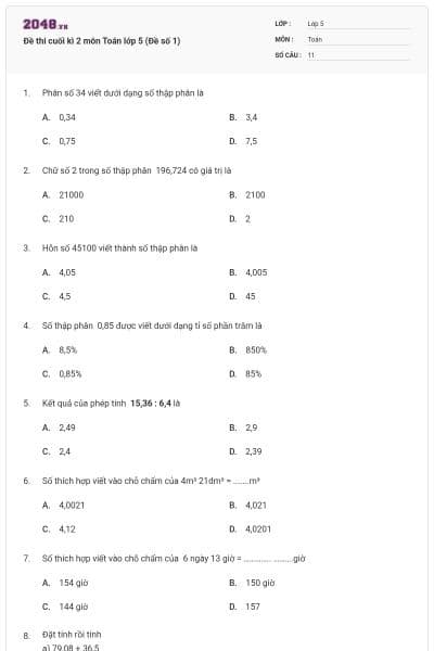 Đề thi cuối kì 2 môn Toán lớp 5 (Đề số 1)