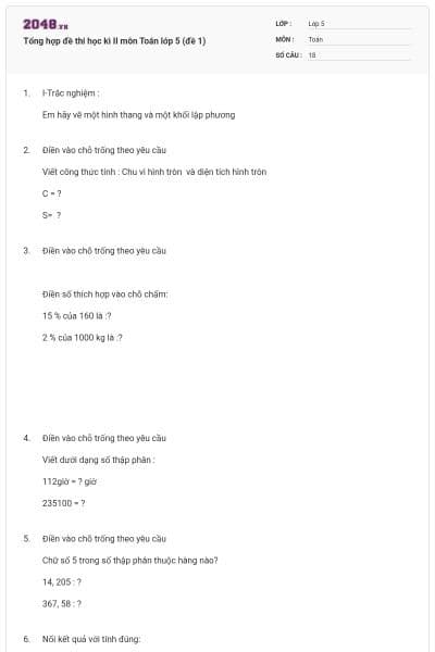 Tổng hợp đề thi học kì II môn Toán lớp 5 (đề 1)