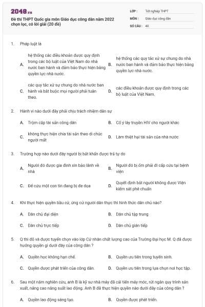 Đề thi THPT Quốc gia môn Giáo dục công dân năm 2022 chọn lọc, có lời giải (20 đề)