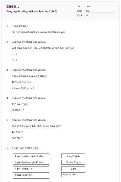 Tổng hợp đề thi học kì II môn Toán lớp 5 (đề 5)