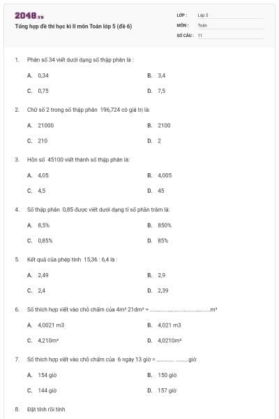 Tổng hợp đề thi học kì II môn Toán lớp 5 (đề 6)