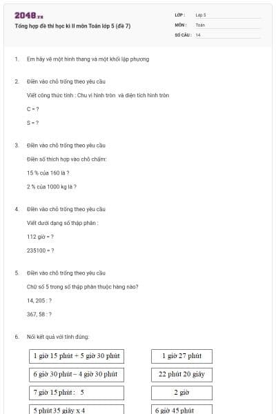 Tổng hợp đề thi học kì II môn Toán lớp 5 (đề 7)