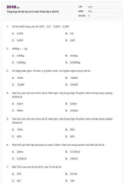 Tổng hợp đề thi học kì II môn Toán lớp 5 (đề 8)