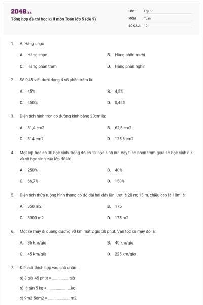 Tổng hợp đề thi học kì II môn Toán lớp 5 (đề 9)