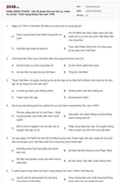 ĐGNL ĐHQG TP.HCM - Vấn đề thuộc lĩnh vực lịch sử, chính trị, xã hội - Cách mạng tháng Tám năm 1945
