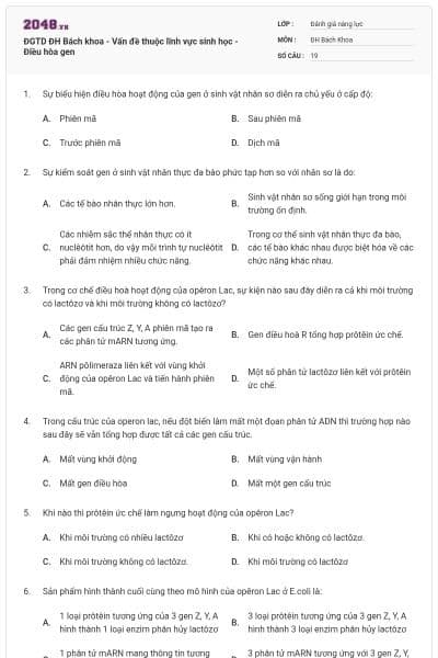 ĐGTD ĐH Bách khoa - Vấn đề thuộc lĩnh vực sinh học - Điều hòa gen