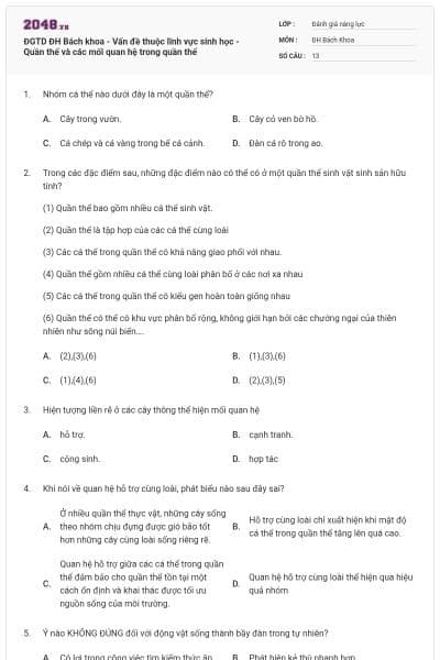 ĐGTD ĐH Bách khoa - Vấn đề thuộc lĩnh vực sinh học - Quần thể và các mối quan hệ trong quần thể