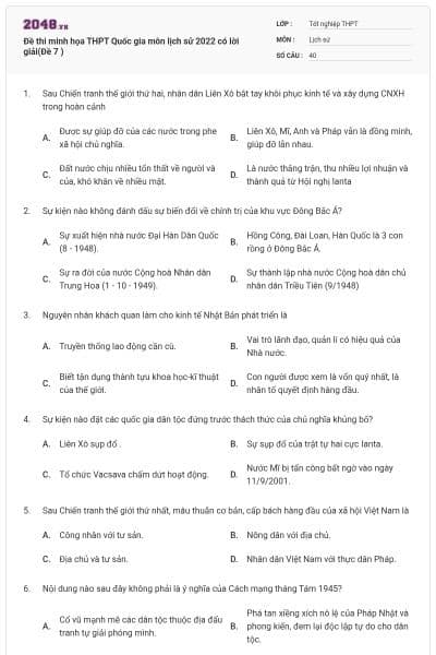 Đề thi minh họa THPT Quốc gia môn lịch sử 2022 có lời giải(Đề 7 )