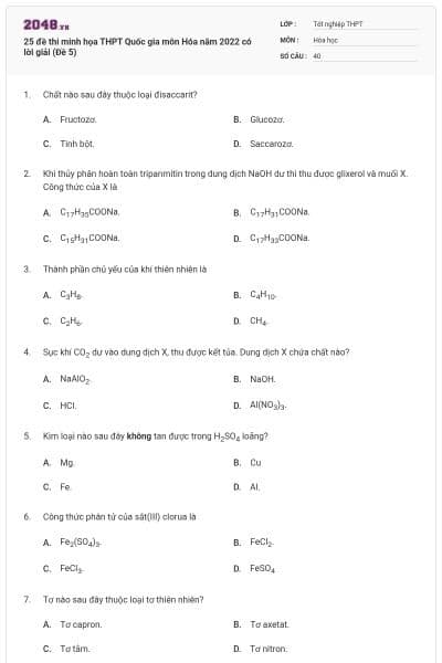 25 đề thi minh họa THPT Quốc gia môn Hóa năm 2022 có lời giải (Đề 5)
