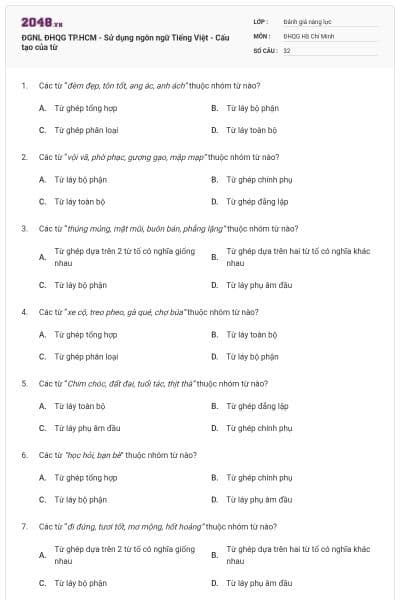 ĐGNL ĐHQG TP.HCM - Sử dụng ngôn ngữ Tiếng Việt - Cấu tạo của từ