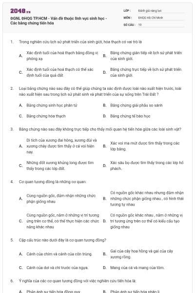 ĐGNL ĐHQG TP.HCM - Vấn đề thuộc lĩnh vực sinh học - Các bằng chứng tiến hóa