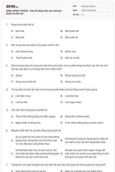 ĐGNL ĐHQG TP.HCM - Vấn đề thuộc lĩnh vực sinh học - Quần xã sinh vật