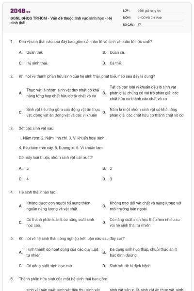 ĐGNL ĐHQG TP.HCM - Vấn đề thuộc lĩnh vực sinh học - Hệ sinh thái