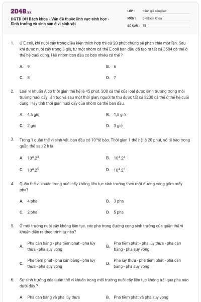 ĐGTD ĐH Bách khoa - Vấn đề thuộc lĩnh vực sinh học - Sinh trưởng và sinh sản ở vi sinh vật