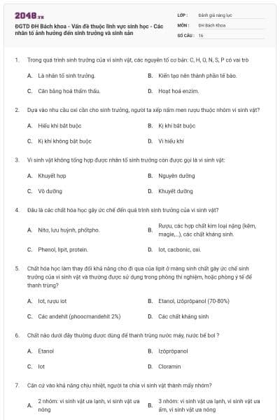 ĐGTD ĐH Bách khoa - Vấn đề thuộc lĩnh vực sinh học - Các nhân tố ảnh hưởng đến sinh trưởng và sinh sản