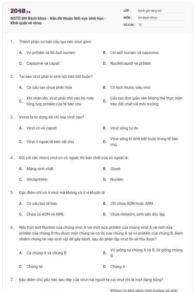 ĐGTD ĐH Bách khoa - Vấn đề thuộc lĩnh vực sinh học - Khái quát về virus