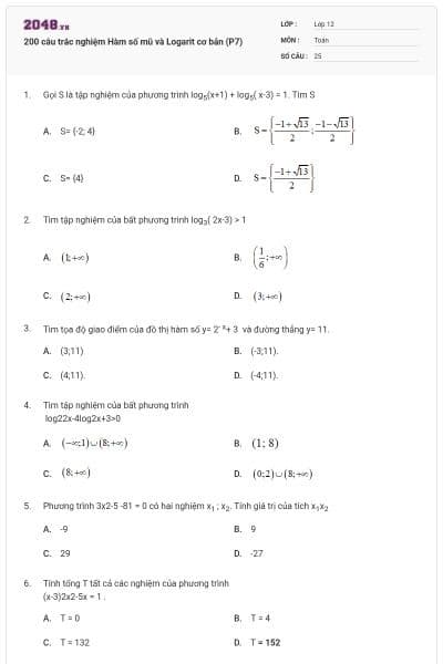 200 câu trắc nghiệm Hàm số mũ và Logarit cơ bản (P7)