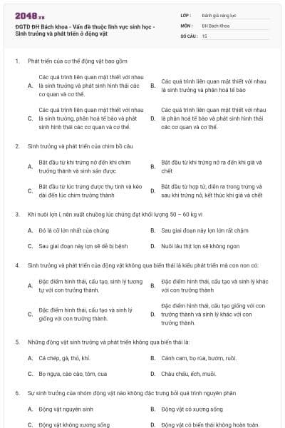 ĐGTD ĐH Bách khoa - Vấn đề thuộc lĩnh vực sinh học - Sinh trưởng và phát triển ở động vật