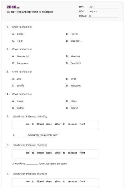 Bài tập Tiếng Anh lớp 4 Unit 19 có đáp án