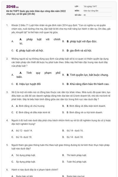 Đề thi THPT Quốc gia môn Giáo dục công dân năm 2022 chọn lọc, có lời giải (20 đề)