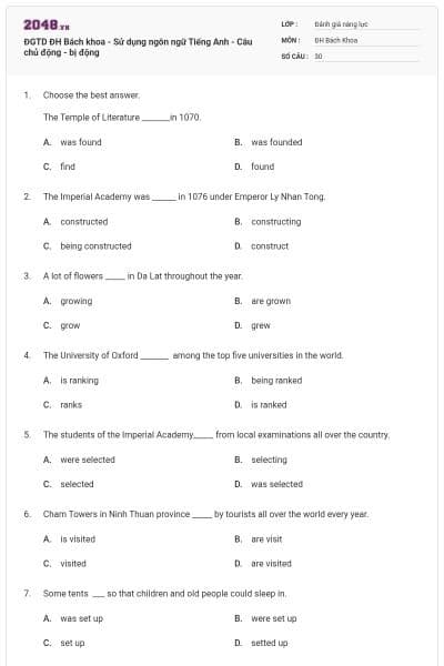 ĐGTD ĐH Bách khoa - Sử dụng ngôn ngữ Tiếng Anh - Câu chủ động - bị động