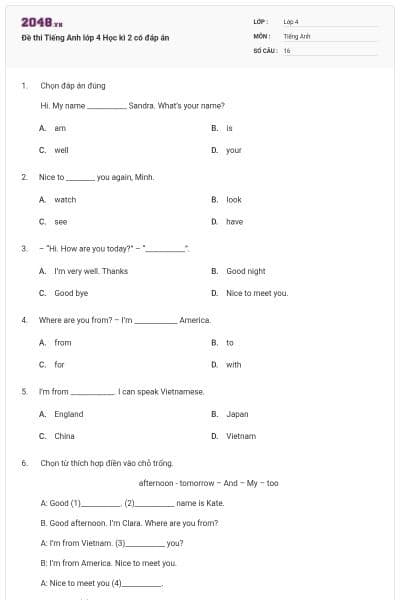 Đề thi Tiếng Anh lớp 4 Học kì 2 có đáp án