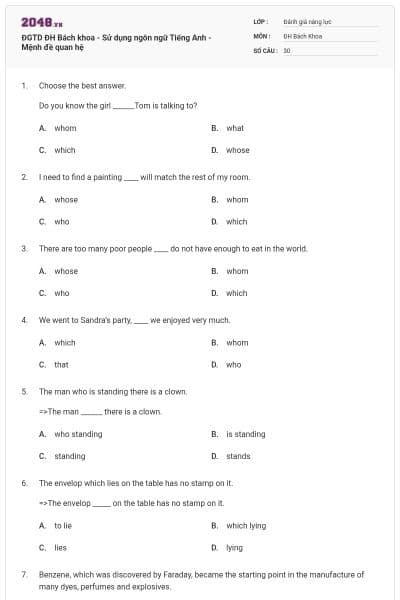 ĐGTD ĐH Bách khoa - Sử dụng ngôn ngữ Tiếng Anh - Mệnh đề quan hệ