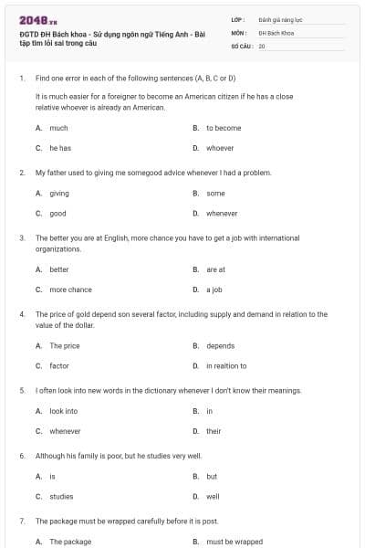 ĐGTD ĐH Bách khoa - Sử dụng ngôn ngữ Tiếng Anh - Bài tập tìm lỗi sai trong câu