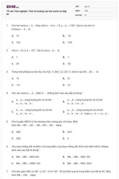 75 câu Trắc nghiệm: Tích vô hướng của hai vectơ có đáp án
