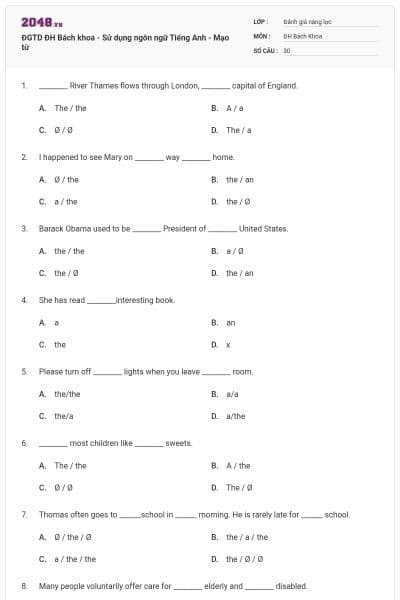 ĐGTD ĐH Bách khoa - Sử dụng ngôn ngữ Tiếng Anh - Mạo từ