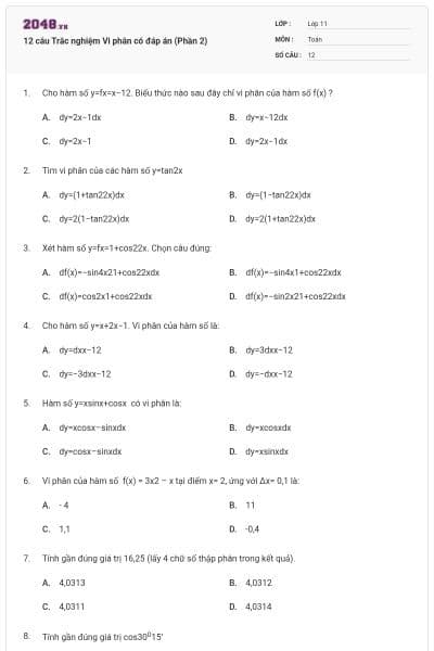 12 câu Trắc nghiệm Vi phân có đáp án (Phần 2)
