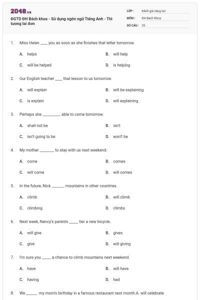 ĐGTD ĐH Bách khoa - Sử dụng ngôn ngữ Tiếng Anh - Thì tương lai đơn