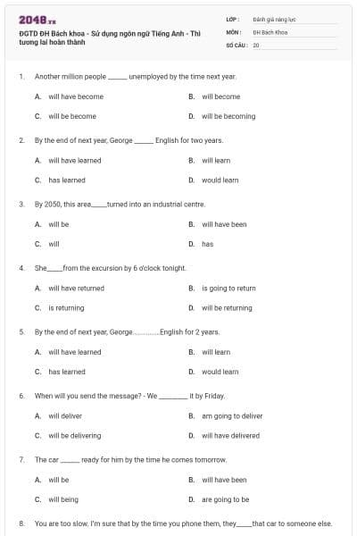 ĐGTD ĐH Bách khoa - Sử dụng ngôn ngữ Tiếng Anh - Thì tương lai hoàn thành