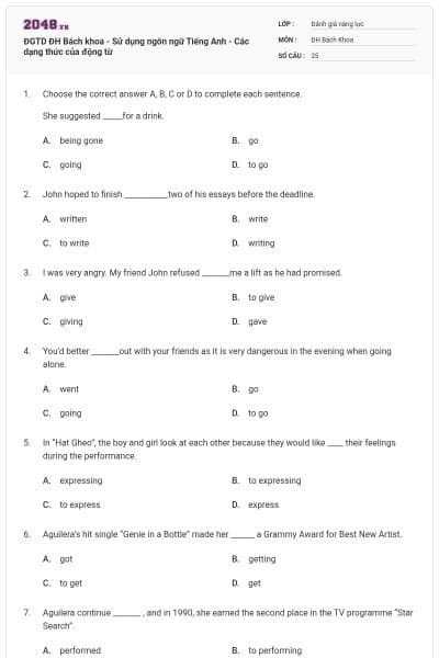 ĐGTD ĐH Bách khoa - Sử dụng ngôn ngữ Tiếng Anh - Các dạng thức của động từ