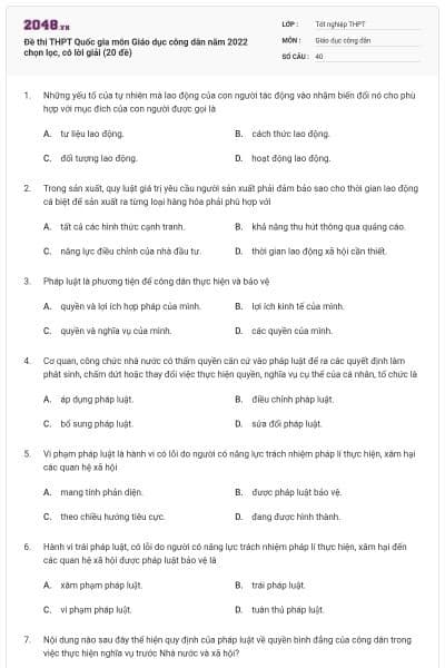 Đề thi THPT Quốc gia môn Giáo dục công dân năm 2022 chọn lọc, có lời giải (20 đề)