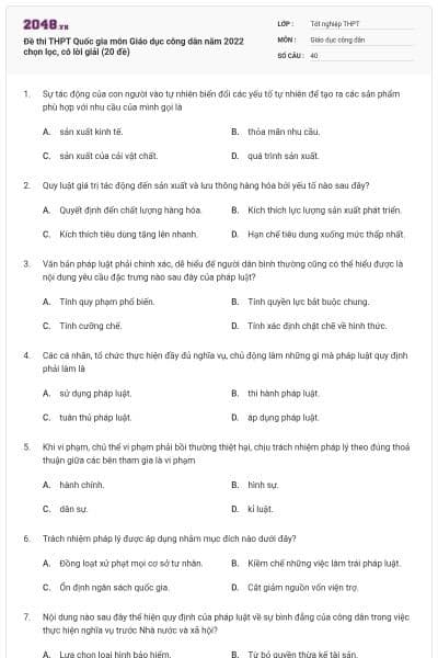 Đề thi THPT Quốc gia môn Giáo dục công dân năm 2022 chọn lọc, có lời giải (20 đề)