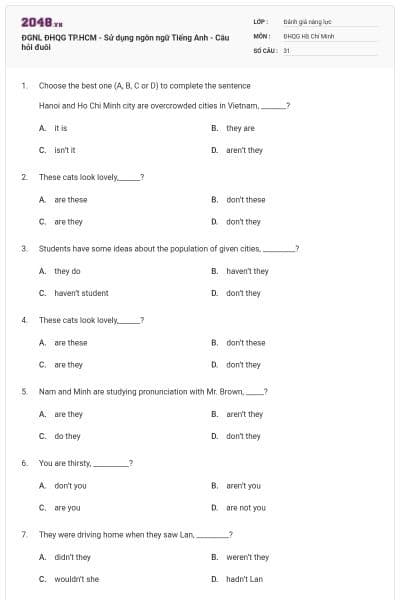 ĐGNL ĐHQG TP.HCM - Sử dụng ngôn ngữ Tiếng Anh - Câu hỏi đuôi