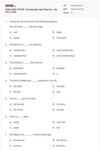 ĐGNL ĐHQG TP.HCM - Sử dụng ngôn ngữ Tiếng Anh - Cấu trúc so sánh