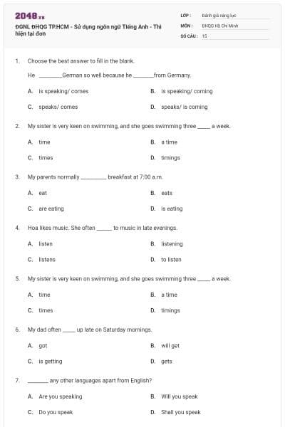 ĐGNL ĐHQG TP.HCM - Sử dụng ngôn ngữ Tiếng Anh - Thì hiện tại đơn